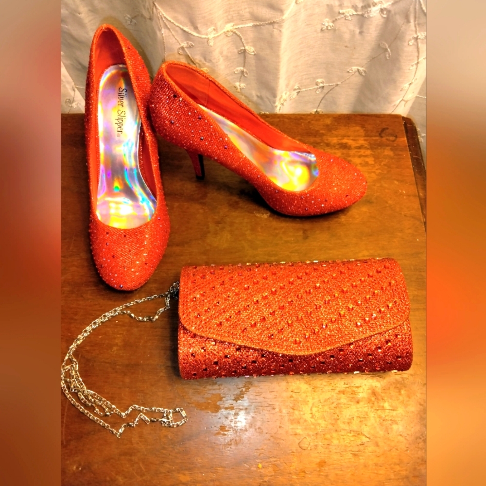 Elegant Red Glitter Heels and Clutch Set